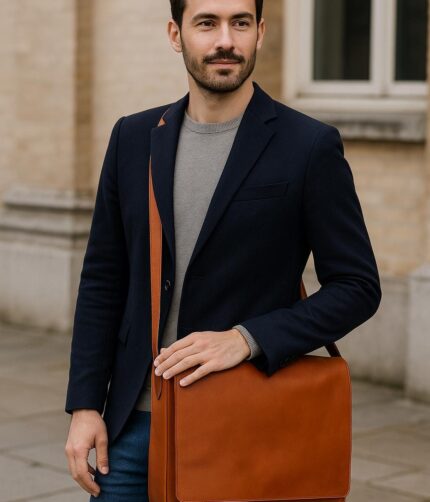 Italian cowhide leather messenger bag – unisex satchel with adjustable strap, magnetic clasp, and organized interior compartments