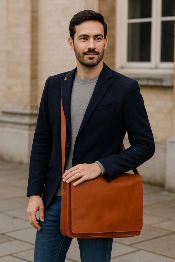 Italian cowhide leather messenger bag – unisex satchel with adjustable strap, magnetic clasp, and organized interior compartments