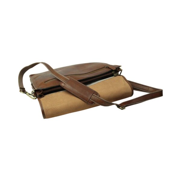 A brown leather messenger bag lying flat on a white background with its main flap open. A long, adjustable shoulder strap with a sliding leather shoulder pad is attached, and the image highlights the multiple zippered interior compartments and the light-colored lining.