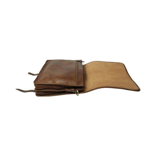 A brown leather messenger bag lying flat on a white background with its main flap open. The image shows a soft, suede-like tan interior lining, a zippered compartment on the front face, and leather straps with brass hardware extending from the sides.