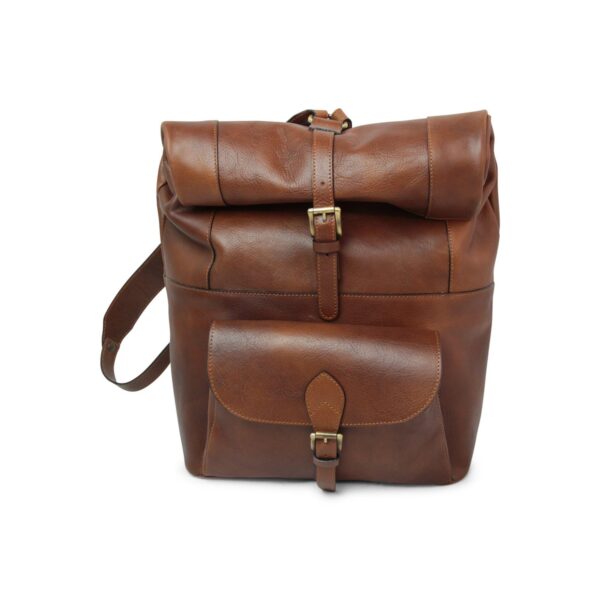 Front view of a brown leather roll-top backpack standing against a white background. The backpack features a top strap with a brass buckle to secure the rolled opening and a large front pocket also secured with a matching buckle strap. The leather has a rich, polished finish with visible stitching details.