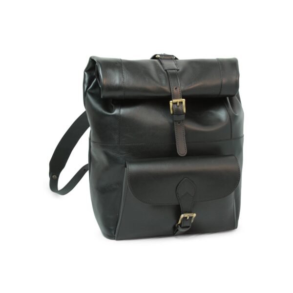 A classic black leather rolltop backpack with a front pocket and brass buckles.