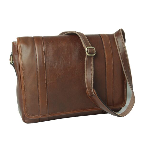 A classic brown leather messenger bag with a large front flap, vertical stitched accents, and an adjustable shoulder strap featuring a metallic buckle, set against a plain white background.