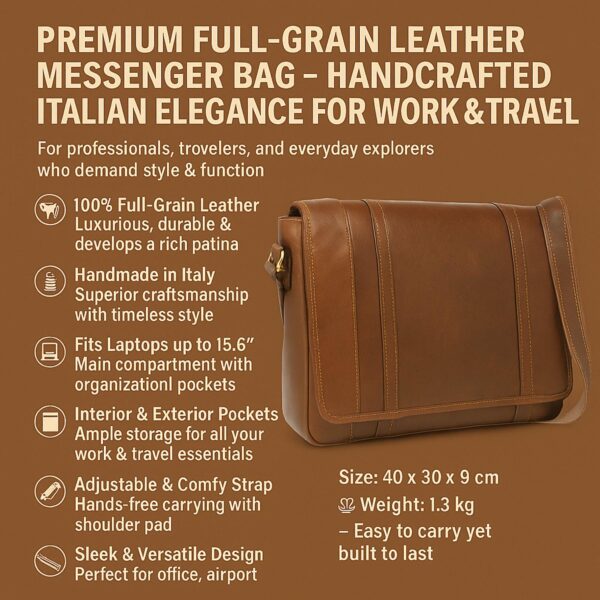 An infographic for a premium full-grain leather messenger bag, featuring a tan leather bag on a brown background. The top of the image displays bold text: "PREMIUM FULL-GRAIN LEATHER MESSENGER BAG – HANDCRAFTED ITALIAN ELEGANCE FOR WORK & TRAVEL."