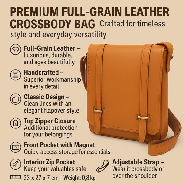 An infographic for a premium full-grain leather crossbody bag, highlighting features like handcrafted workmanship, top zipper closure, and a front magnetic pocket. The tan leather bag is shown with its dimensions ($23 \times 27 \times 7$ cm) and a weight of 0.8 kg.