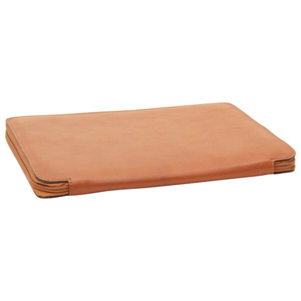 An open brown leather zippered portfolio by Old Angler, containing a memo pad and multiple internal document pockets.