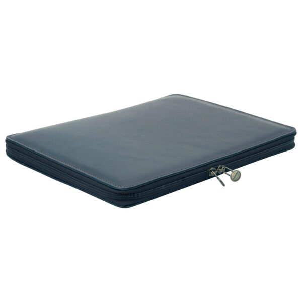 A slim, navy blue leather portfolio with a wraparound zipper and brass hardware, shown from an angled perspective.