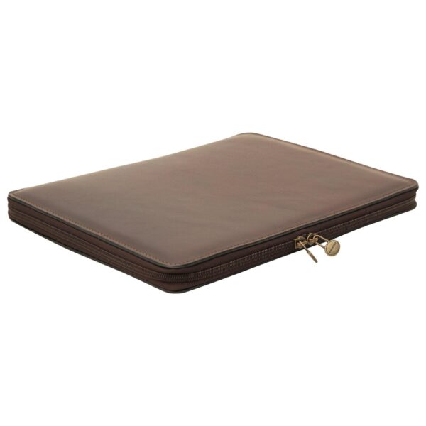 A slim, dark brown leather portfolio with a wraparound zipper and brass hardware, shown from an angled perspective.