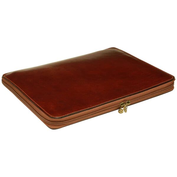 A slim, dark brown leather portfolio with a wraparound zipper and brass hardware, shown from an angled perspective.