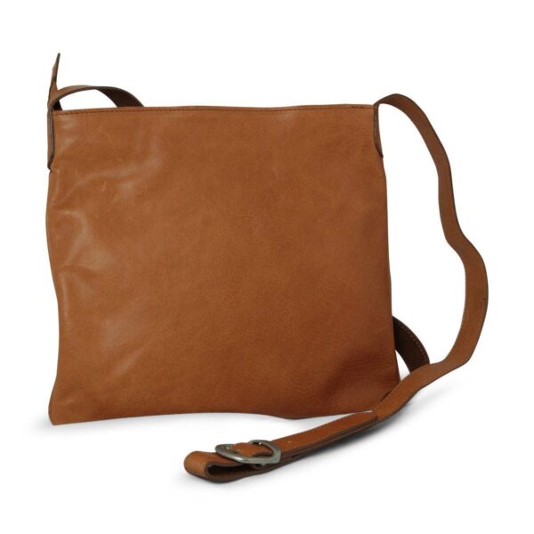 Front view of a flat tan leather crossbody bag, featuring a clean square design and a matching adjustable leather shoulder strap with a metallic buckle.