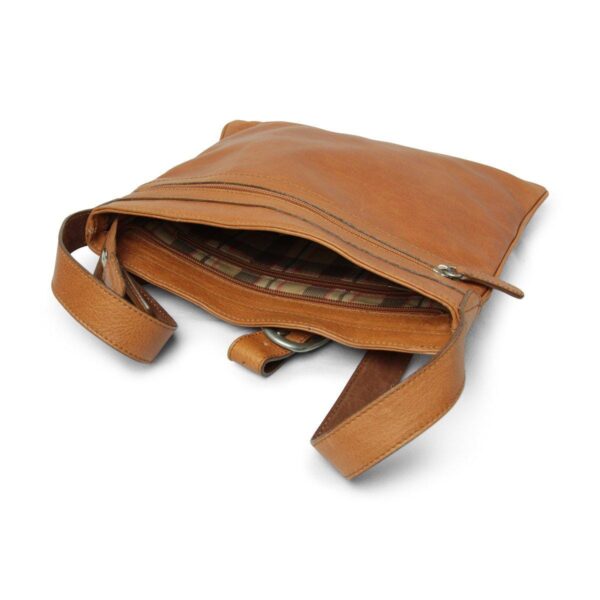 A three-quarter view of an open tan leather crossbody bag lying on a white surface, showing a plaid fabric lining, internal zippered pockets, and an adjustable leather shoulder strap.