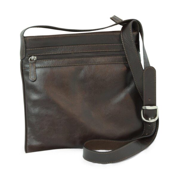 Front view of a flat dark brown leather crossbody bag, featuring a horizontal zippered front pocket, silver-tone hardware, and an adjustable leather shoulder strap with a metallic buckle.