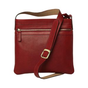 Front view of a vibrant red leather crossbody bag, featuring a horizontal zippered pocket and an adjustable shoulder strap with a gold-tone buckle.