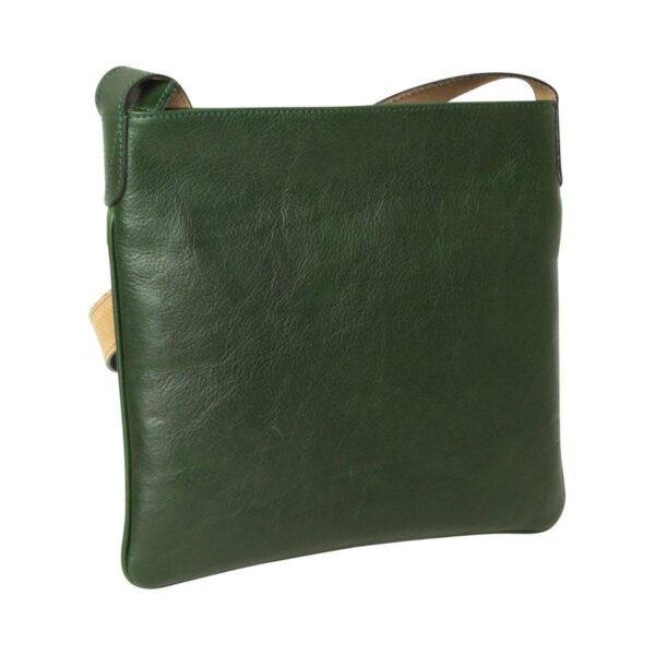 Front view of a flat forest green leather crossbody bag, featuring a clean square silhouette and integrated leather shoulder strap attachments.