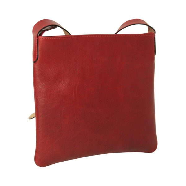 Front view of a flat red leather crossbody bag, featuring a clean square design and integrated leather shoulder strap attachments.