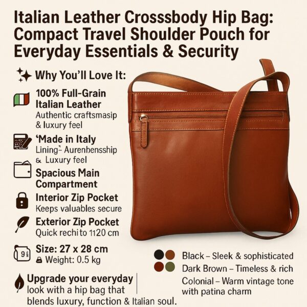 Infographic for an "Italian Leather Crossbody Hip Bag" highlighting its full-grain leather, compact travel size, and availability in Black, Dark Brown, and Colonial colors.