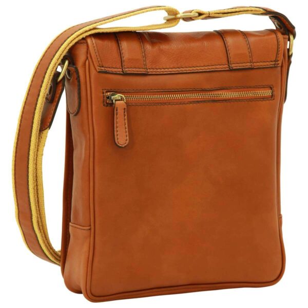 Back view of a tan leather messenger bag showing a horizontal zippered pocket and a yellow canvas shoulder strap