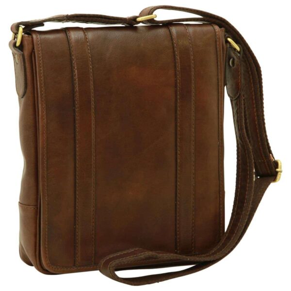 dark brown leather messenger bag with vertical stitched detailing and an adjustable canvas shoulder strap