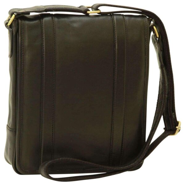 Back view of a dark brown leather messenger bag featuring vertical stitched accents and a matching adjustable shoulder strap