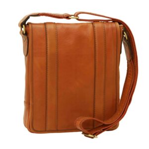 tan leather messenger bag with vertical accent straps and an adjustable leather-trimmed shoulder strap