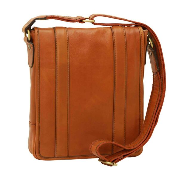 tan leather messenger bag with vertical accent straps and an adjustable leather-trimmed shoulder strap