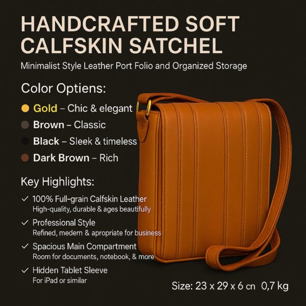 Product infographic for a handcrafted calfskin leather satchel, listing color options like Gold, Brown, Black, and Dark Brown, with dimensions of 23 x 29 x 6 cm
