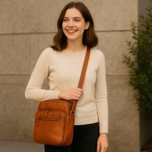 Luxury full-grain leather messenger bag with padded tablet compartment, exterior zip pocket, and adjustable leather strap for work, travel, and daily use