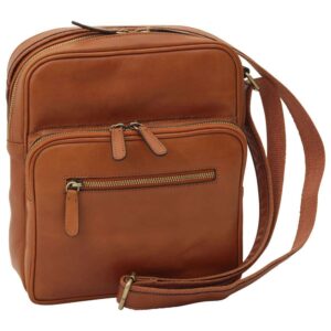 Front view of a rectangular, tan or light brown leather messenger bag featuring three tiered zippered compartments, antique brass-style hardware, and an adjustable shoulder strap.