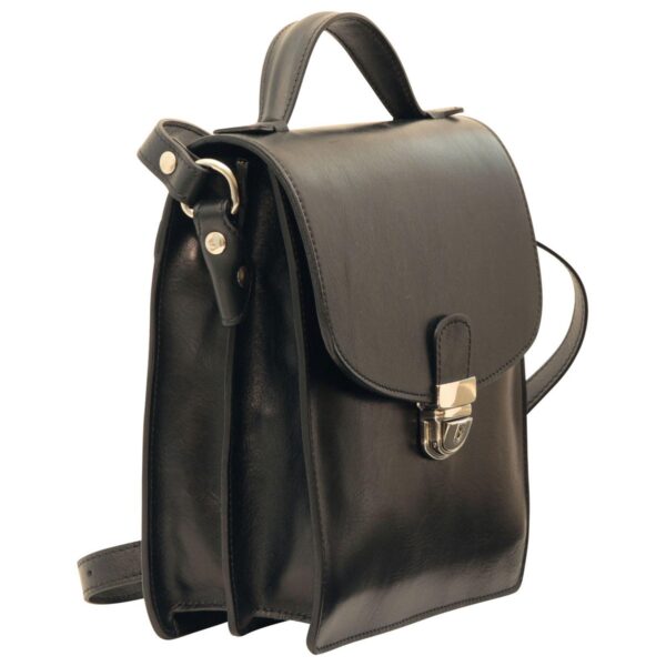 Front view of an open black leather messenger bag with a silver-tone clasp and a horizontal zippered front pocket.