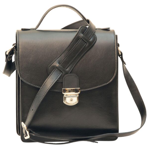 Front view of a black leather messenger bag featuring a top handle, an adjustable shoulder strap with a padded section, and a silver-tone tuck-lock clasp on the front flap.