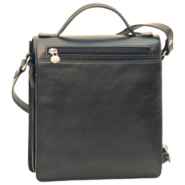 The back view of a black leather messenger bag featuring a top handle, a shoulder strap, and a horizontal zippered pocket.