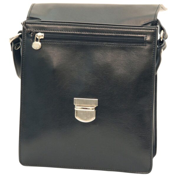 Front view of a black leather messenger bag with the flap open, featuring a silver-tone tuck-lock clasp and a horizontal zippered front pocket.
