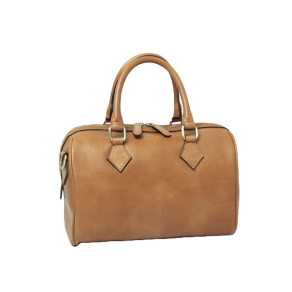 A tan leather Boston-style handbag with rolled top handles, gold-toned hardware, and a zippered top closure, set against a plain white background.