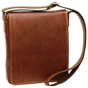 A front-angled view of a vertical brown leather crossbody bag featuring a large front flap with decorative white stitching and a matching leather shoulder strap.