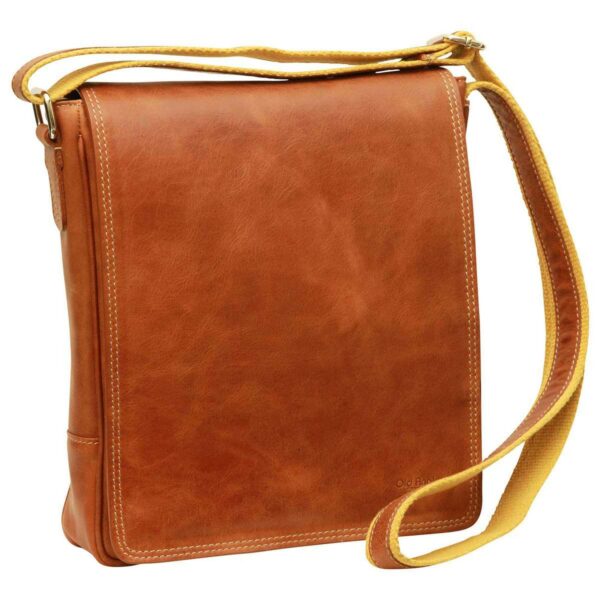 A front-angled view of a tan leather messenger bag with a vertical design, featuring a full-length front flap, white contrast stitching, and a yellow canvas shoulder strap.