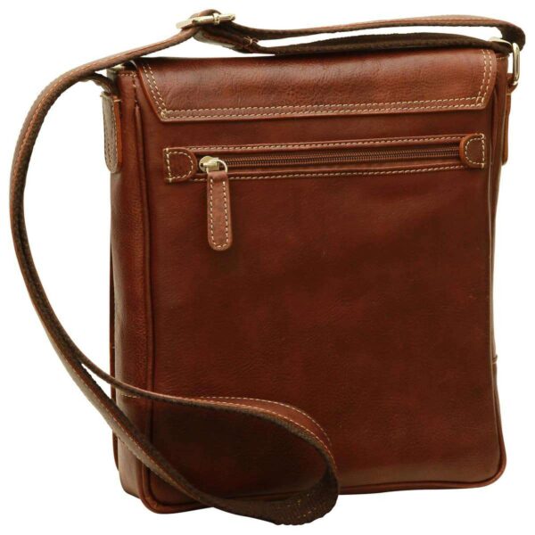 A back-view of a vertical brown leather crossbody bag, featuring a zippered security pocket, detailed contrast stitching, and a dark brown adjustable shoulder strap