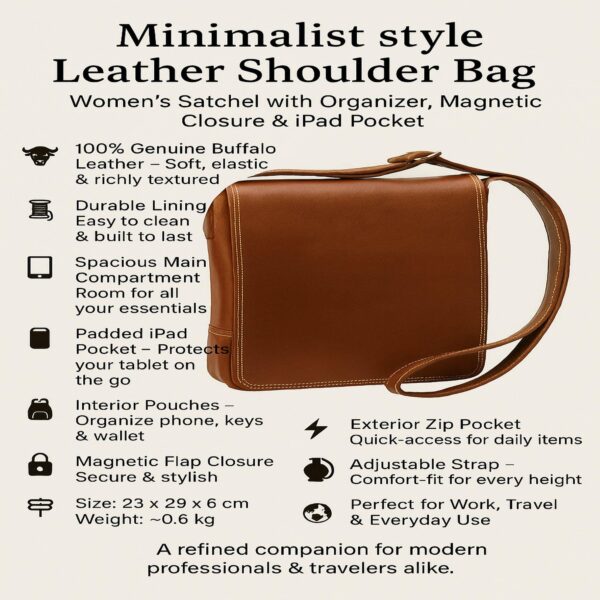 An infographic for a minimalist style leather shoulder bag, displaying its features such as 100% genuine buffalo leather, a padded iPad pocket, and a magnetic flap closure, alongside an image of the brown leather bag and its dimensions ($23 \times 29 \times 6$ cm).