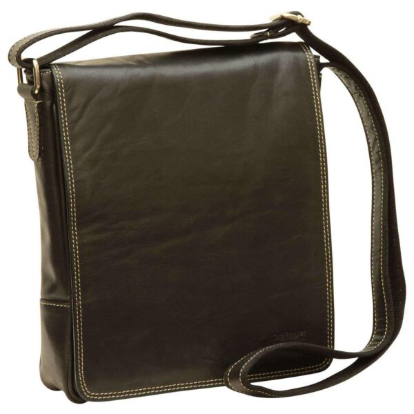 A front-angled view of a vertical brown leather messenger bag featuring a smooth full-cover flap, a canvas shoulder strap, and polished edge stitching.