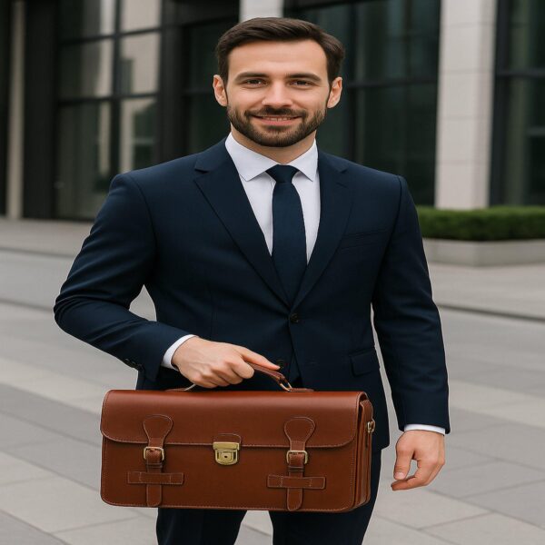 A smiling businessman in a navy blue suit and tie, holding a tan leather briefcase with two decorative buckle straps and a central gold-tone lock, standing in a modern urban setting.