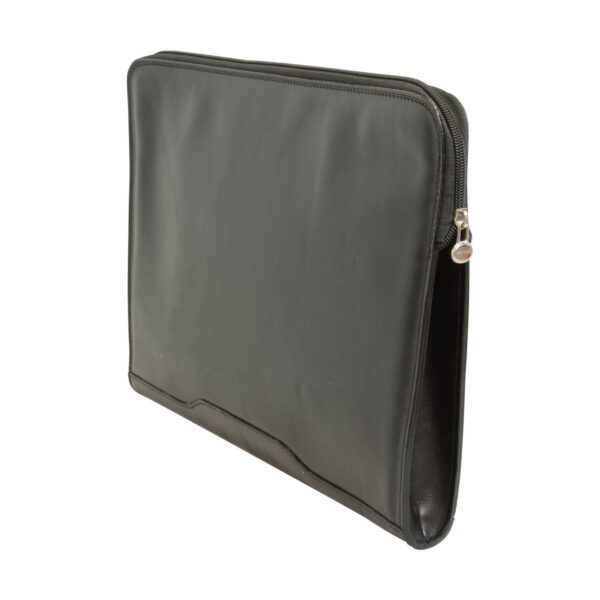 Three-quarter view of a black leather laptop sleeve or document folder with a silver-tone zipper