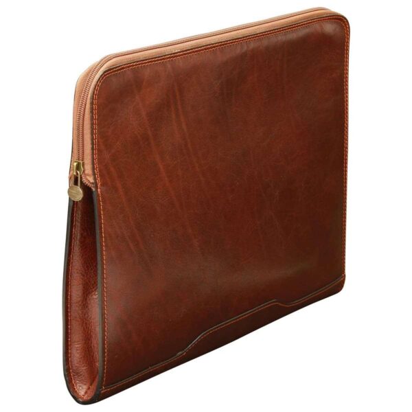 Three-quarter view of a brown leather document folder with a side-to-top zipper and antique gold-toned hardware