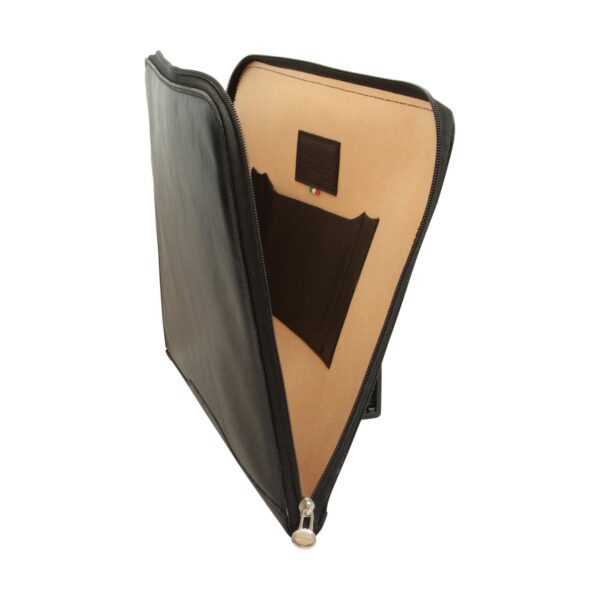 Interior view of an open black leather document folder with tan lining, featuring an internal pocket and a branded leather patch