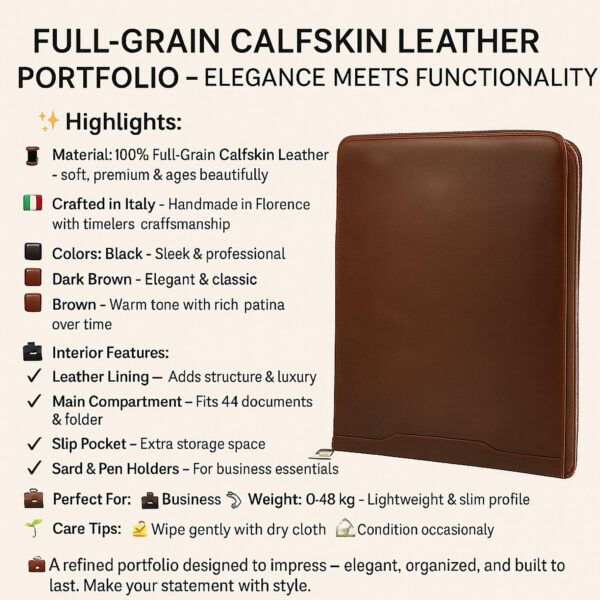 Product infographic for a brown full-grain calfskin leather portfolio, listing material highlights, interior features, and care tips