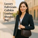 Luxury full-grain leather shoulder bag with adjustable strap, three compartments, card slots, and secure zip pockets