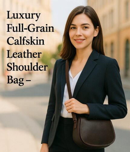 Luxury full-grain leather shoulder bag with adjustable strap, three compartments, card slots, and secure zip pockets