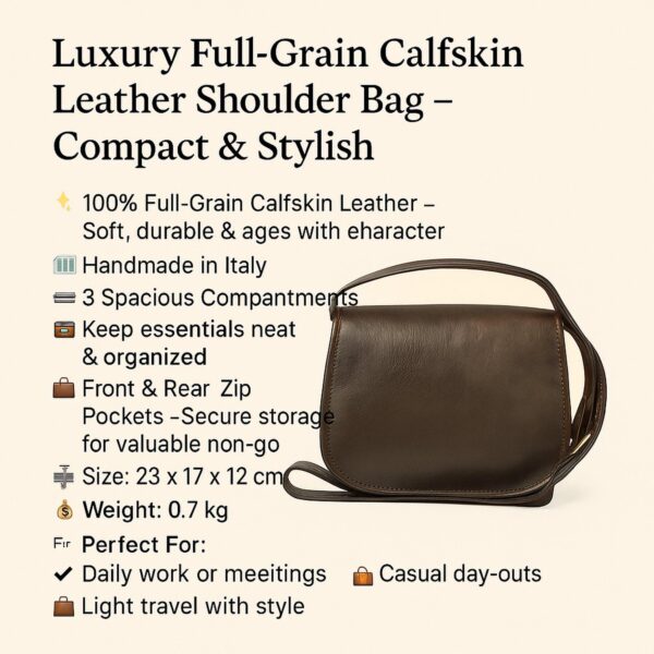 An infographic featuring a dark brown leather shoulder bag alongside product specifications, including "100% Full-Grain Calfskin Leather," "Handmade in Italy," "3 Spacious Compartments," and dimensions of 23 x 17 x 12 cm.