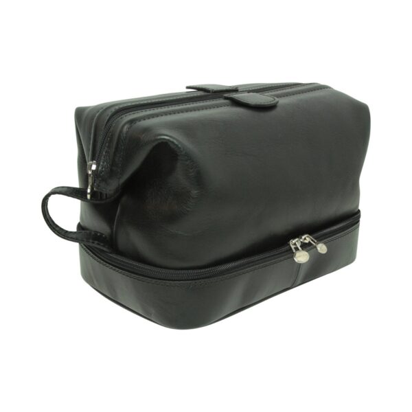 A closed black leather toiletry bag featuring a structured "doctor bag" top with a zippered closure and a side carry handle. The design includes a separate, double-zippered bottom compartment for organized storage, shown against a plain white background.