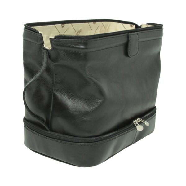 A black leather toiletry bag with a wide-framed "doctor bag" top opening and a separate zippered bottom compartment, featuring a light-patterned interior lining.