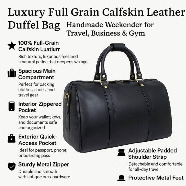 An infographic featuring of a structured black leather duffel bag featuring rolled top handles, brass-tone hardware, and reinforced vertical leather straps along the body.
