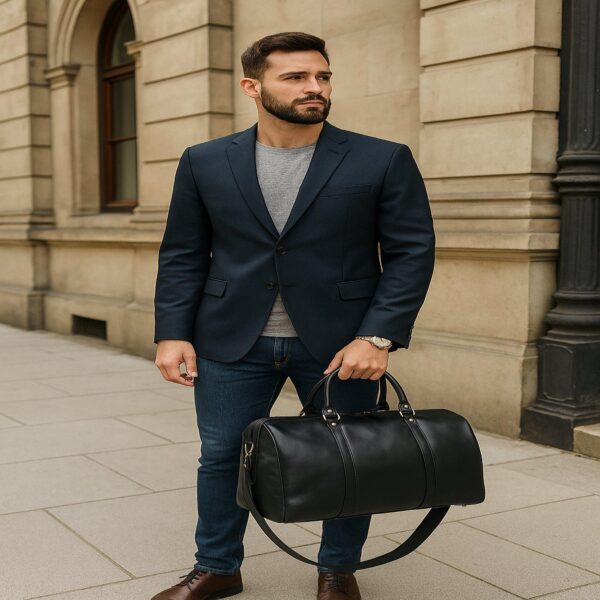A lifestyle shot of a man in a navy blazer and jeans standing on a city sidewalk, holding a large black leather duffel bag by its top handles.